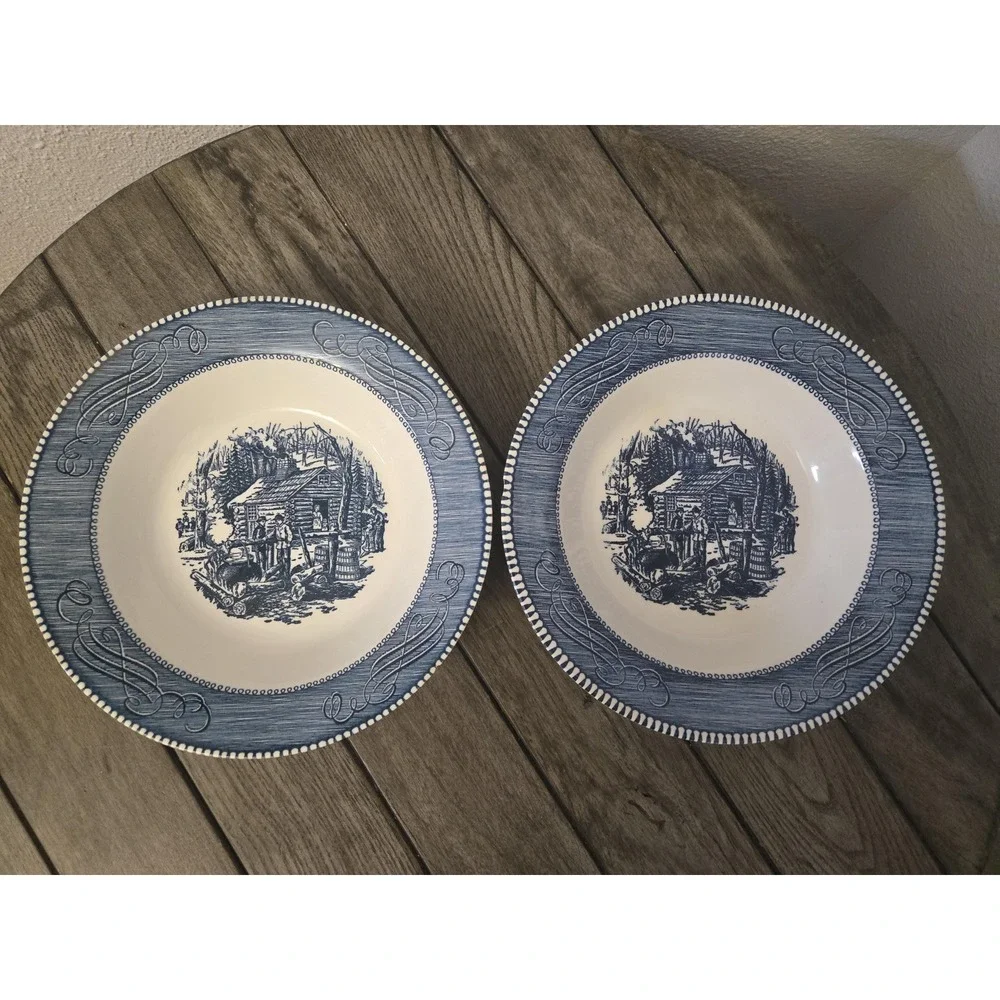 2 - Royal China Currier & Ives Blue Maple Sugaring 9-1/4